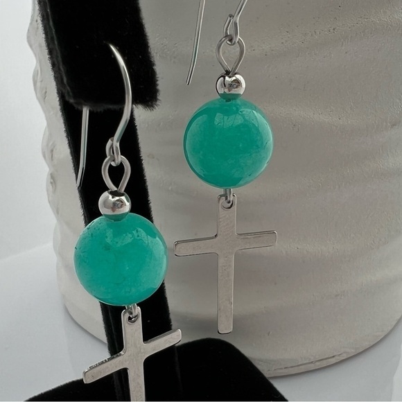 Jade Beaded Dangle Earrings with Cross Charms - Picture 4 of 12